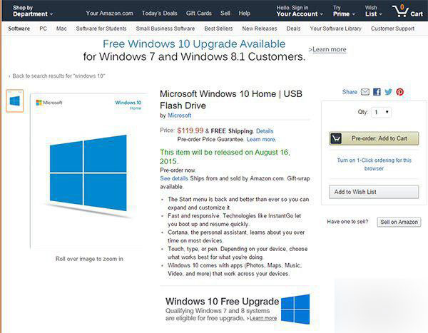 美亚马逊开启U盘版Win10预订 家庭版120美元