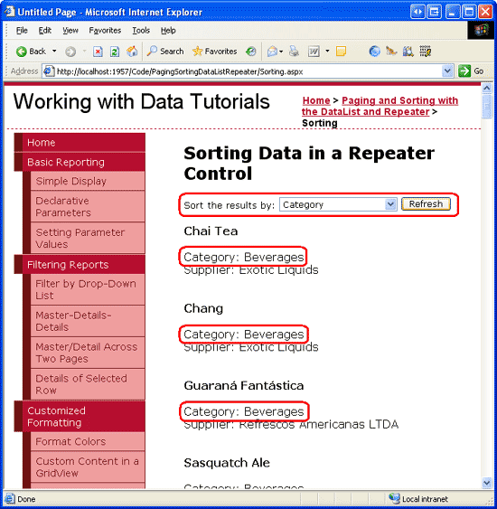 在ASP.NET 2.0中操作数据之四十二：DataList和Repeater数据排序（一）
