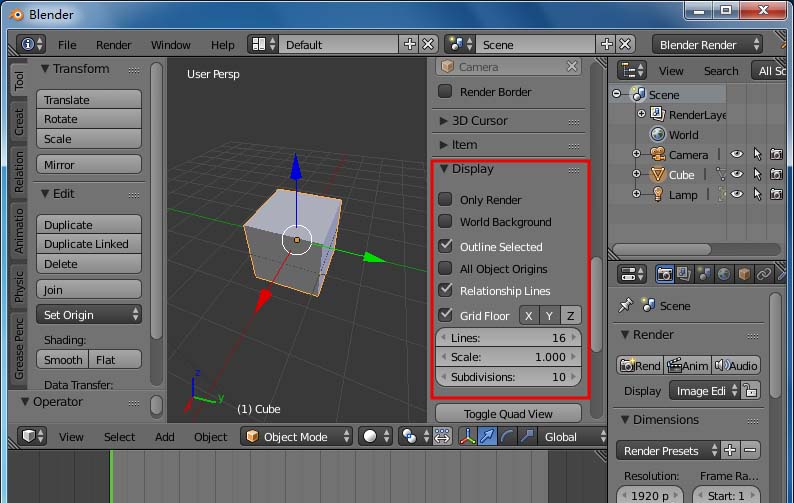 blender怎么设置隐藏场景坐标轴线?