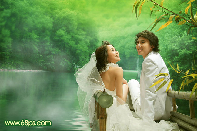 Photoshop调色教程之古典黄绿色水景婚片
