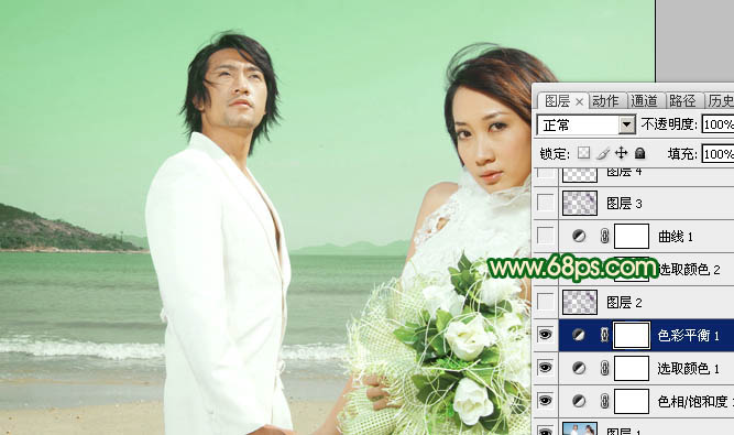 Photoshop将海景婚片调成甜美的青绿色图片调色效果