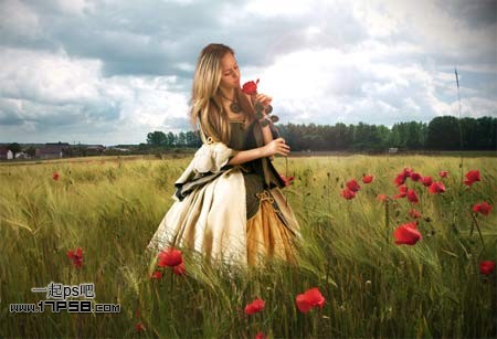 在草丛手拿玫瑰美女图片