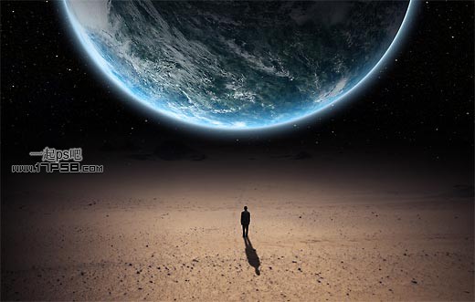 photoshop设计合成超自然孤独男人欣赏星球的