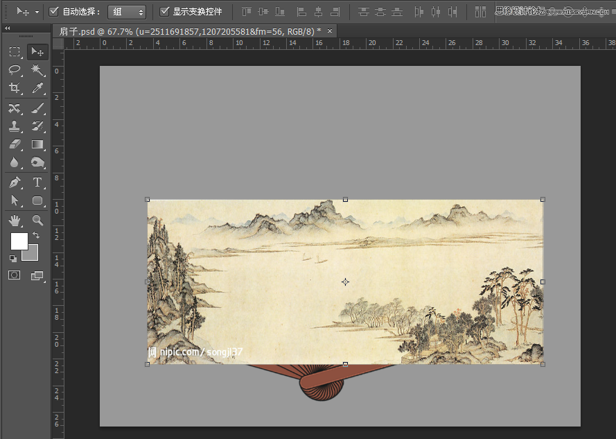 Photoshop绘制逼真的山水香木折扇效果图