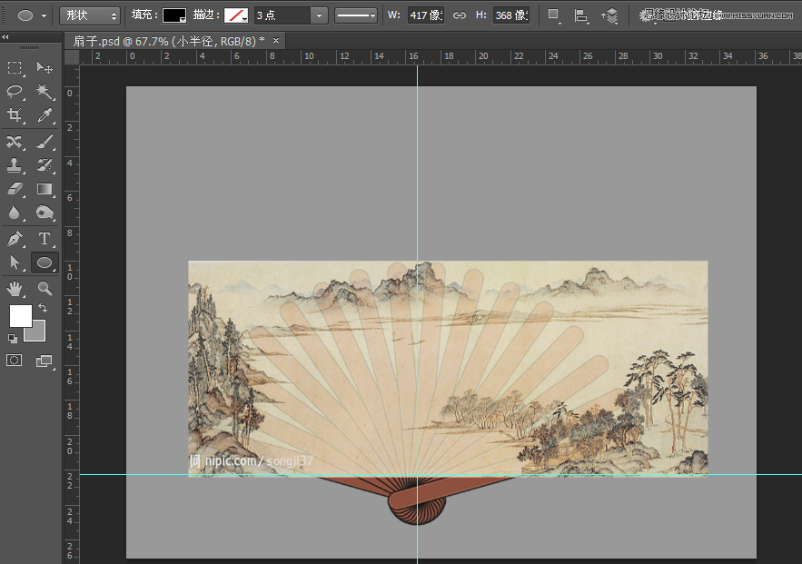 Photoshop绘制逼真的山水香木折扇效果图
