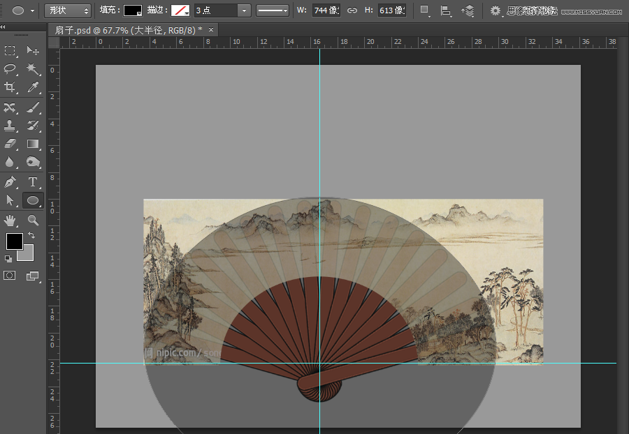 Photoshop绘制逼真的山水香木折扇效果图