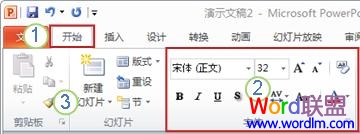 PowerPoint 功能区的示例。元素。