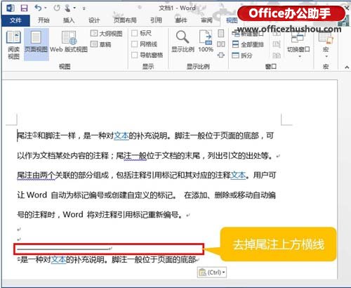 在草稿视图中将Word2013文档中尾注上方的横