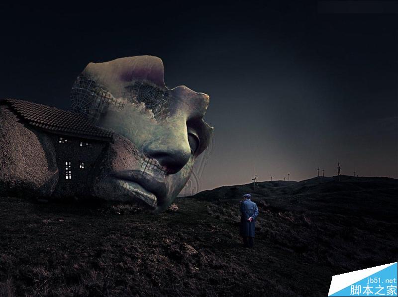 Photoshop合成冷色风格的破损巨石人脸场景效