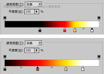 3,如下左圖,更改漸變設定中各色標的位置,可以控制火焰的效果.