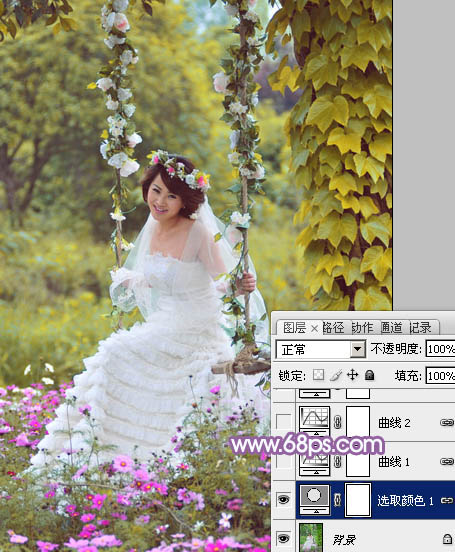 photoshop將盪鞦韆的新娘圖片增加唯美的淡調藍黃色